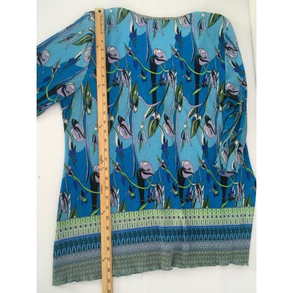 Notations Top Women Size 1X Crinkle Blue Green Black Gray Floral 3/4 Sleeves - Picture 11 of 14